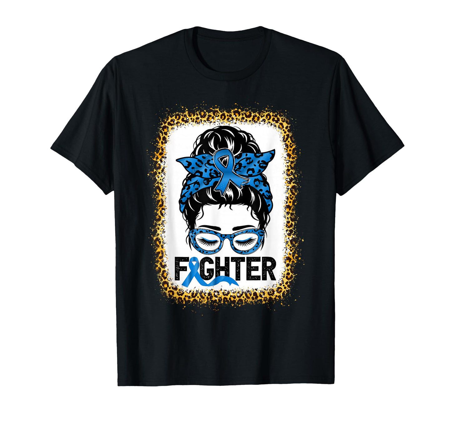 Fighter Messy bun Colon Cancer Awareness Leopard Bleached T-Shirt