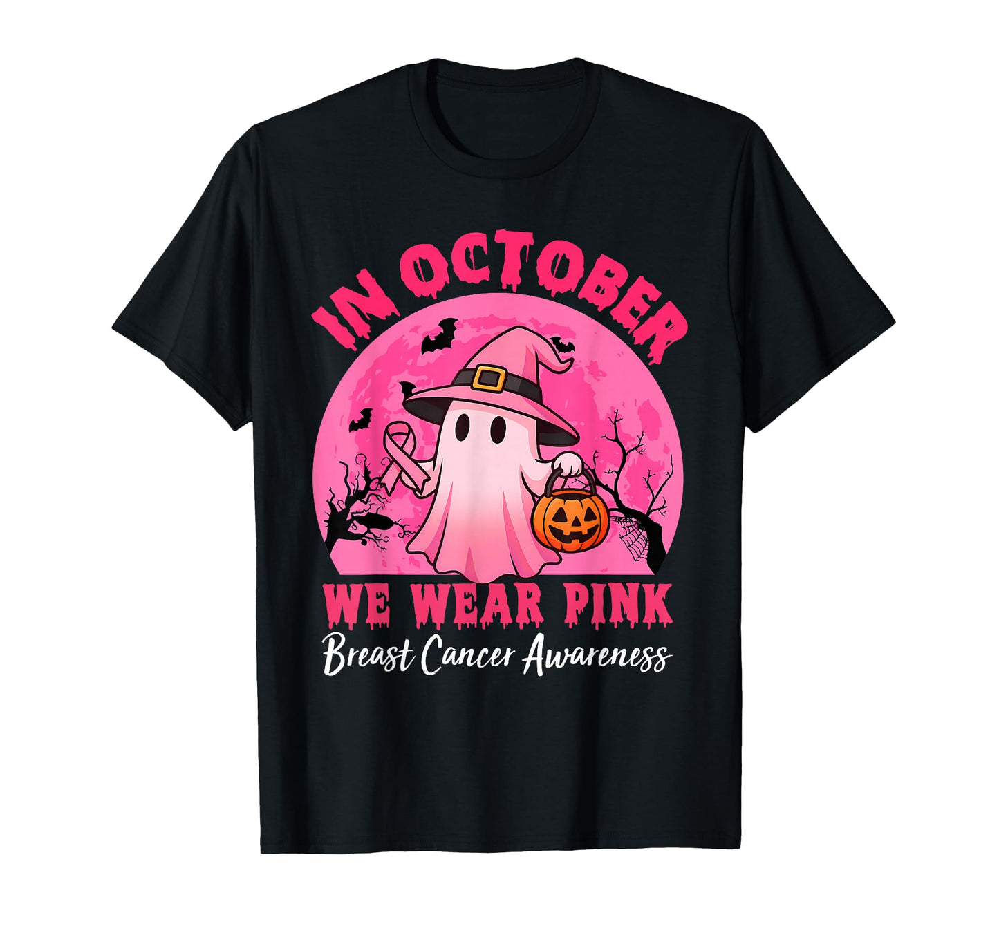 in October We Wear Pink Breast Cancer Awareness Halloween T-Shirt