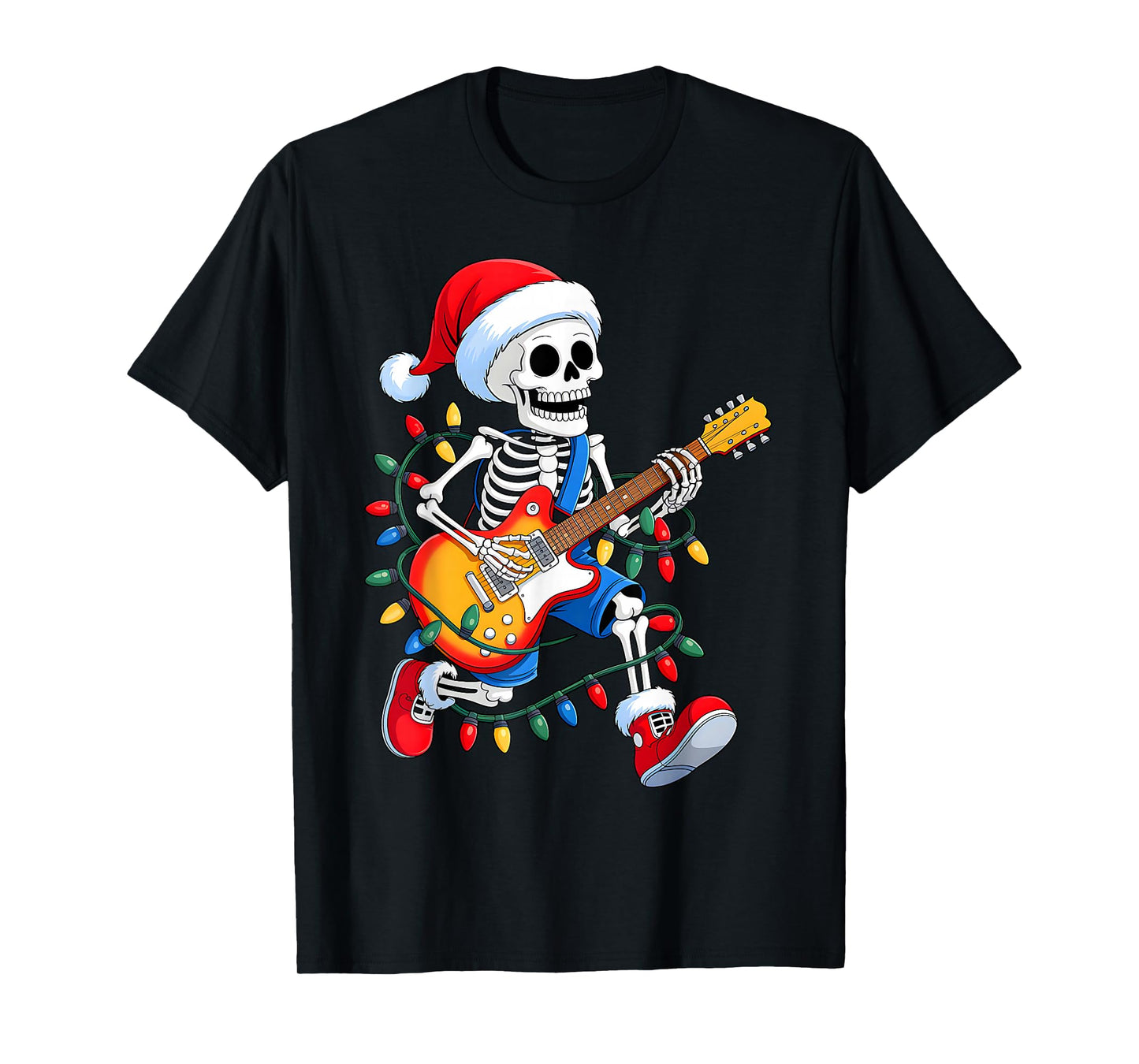 Xmas Santa Skeleton Playing Guitar Rock Funny Christmas T-Shirt