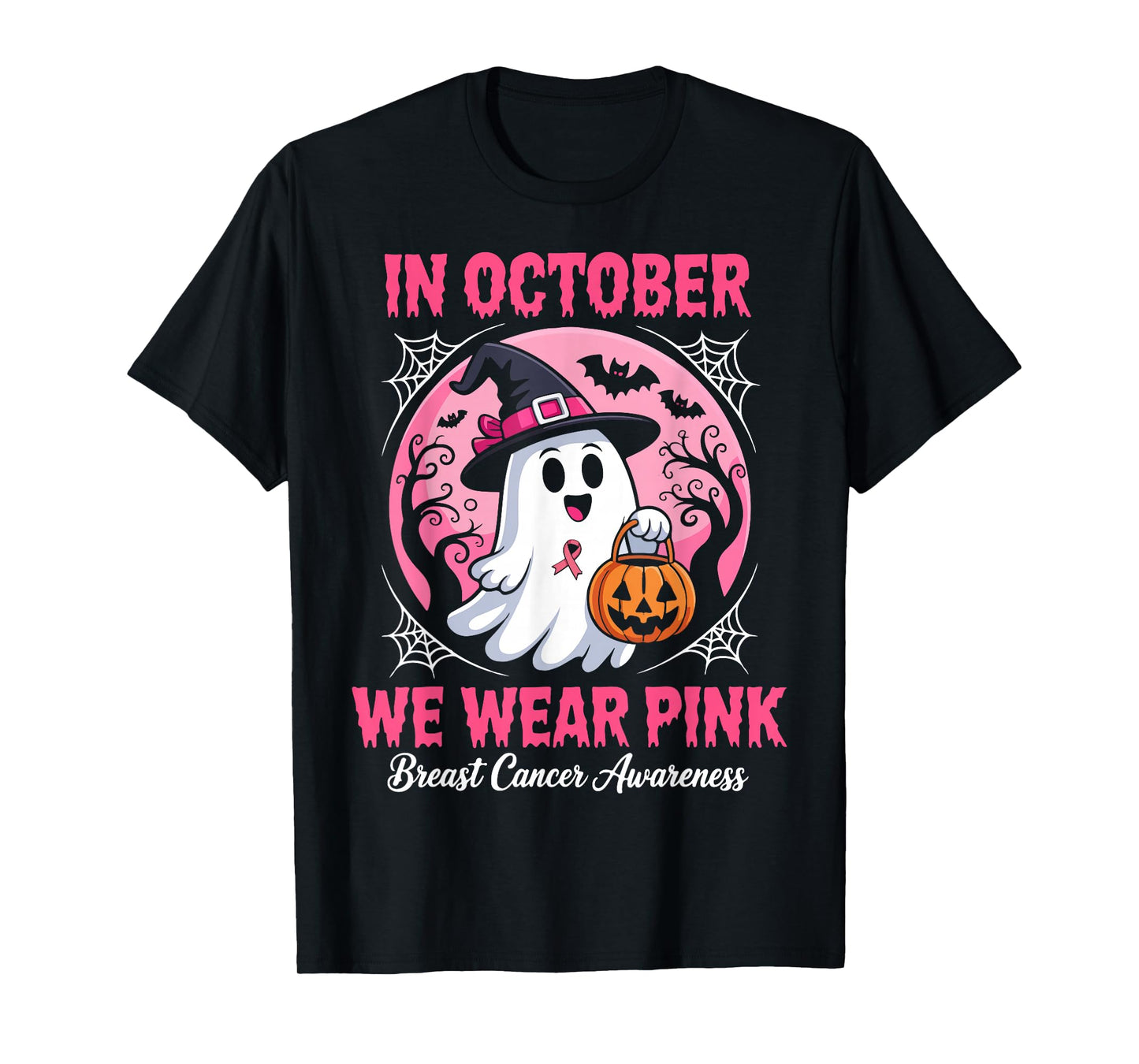in October We Wear Pink Halloween Breast Cancer Awareness T-Shirt