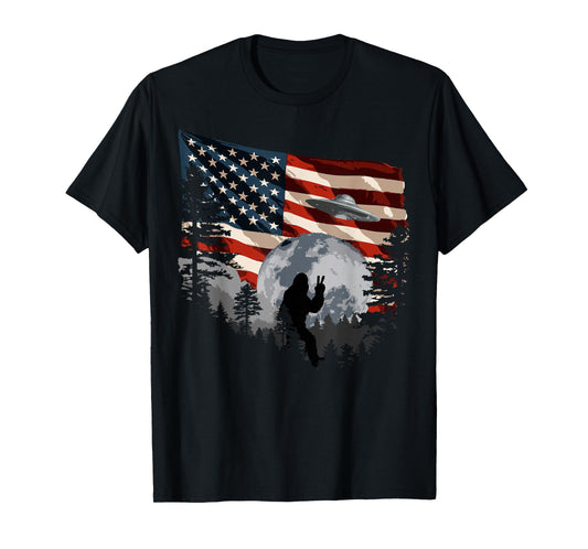 Bigfoot Sasquatch Patriotic American Flag Nature T-Shirt
