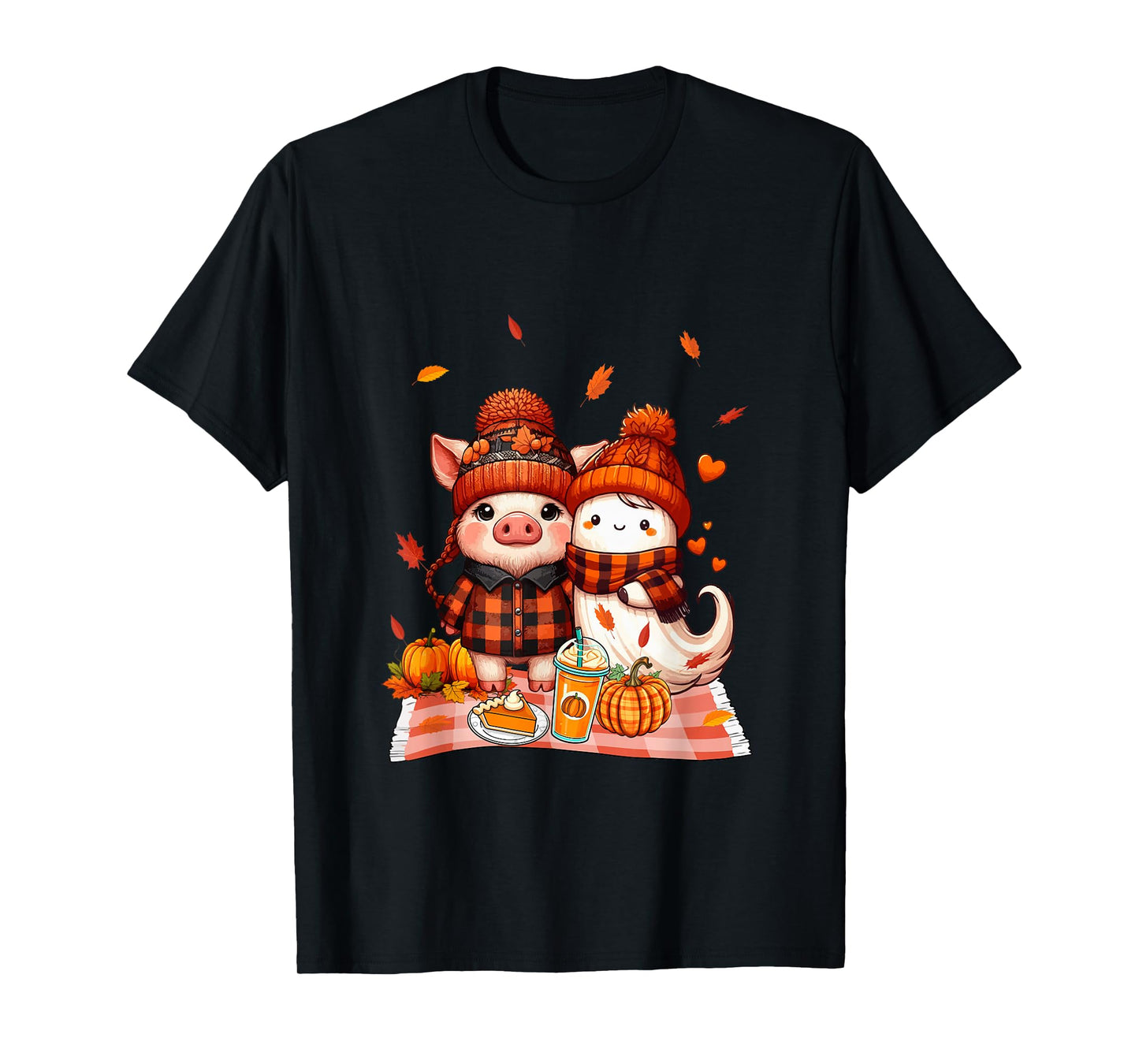 Pig with Boo Halloween Thanksgiving Fall Leaves Pumpkins T-Shirt