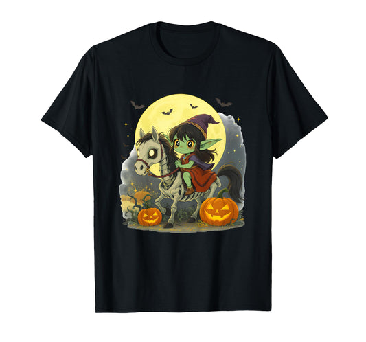 Dark Elf Goblin Troll Girl Riding Horse Skeleton Halloween T-Shirt