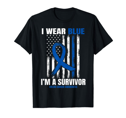 Blue Colon Cancer Survivor Gifts Women Men Flag Cancer Free T-Shirt