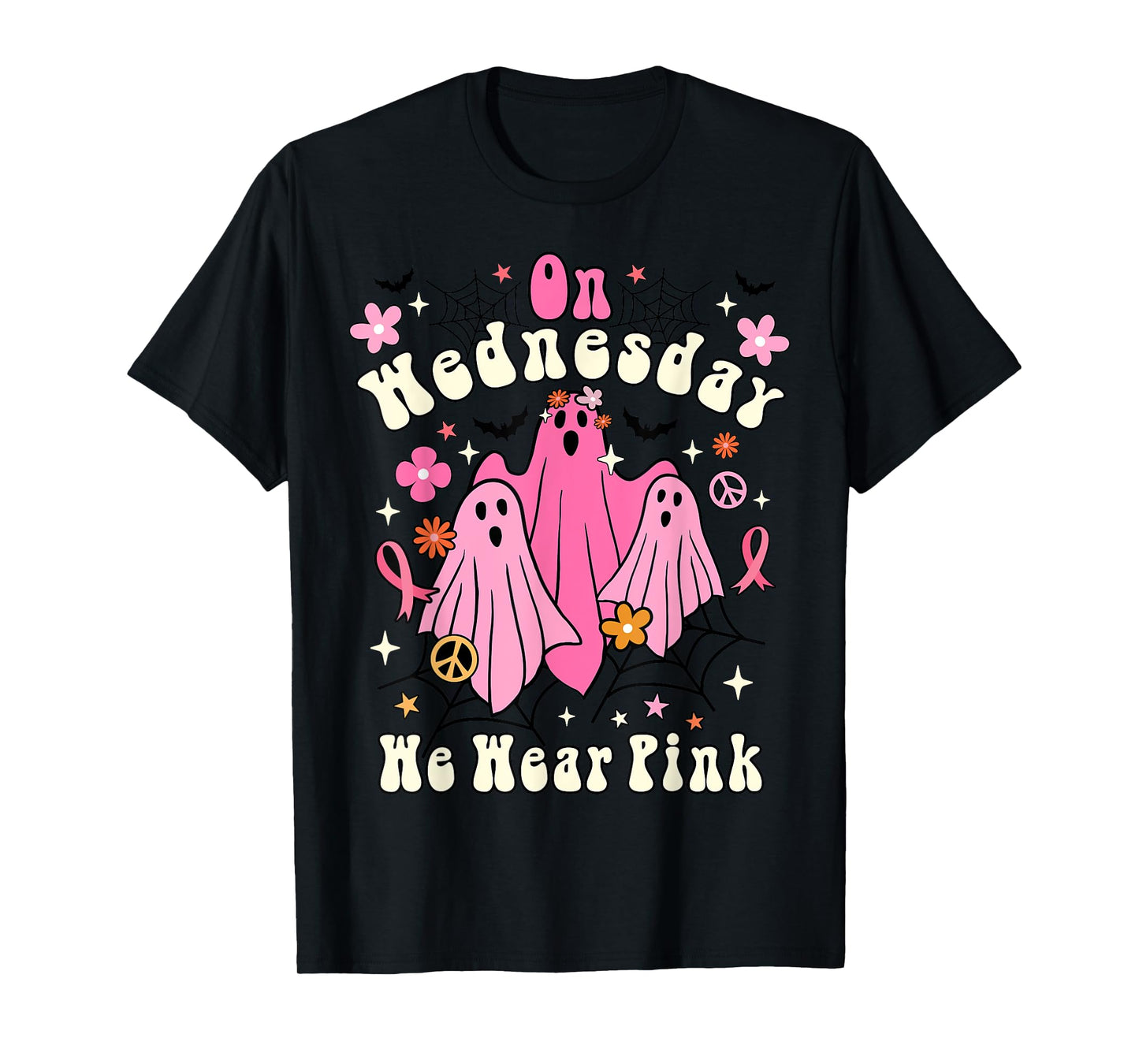 On Wednesday We Wear Pink Ghost Halloween Breast Cancer 2022 T-Shirt