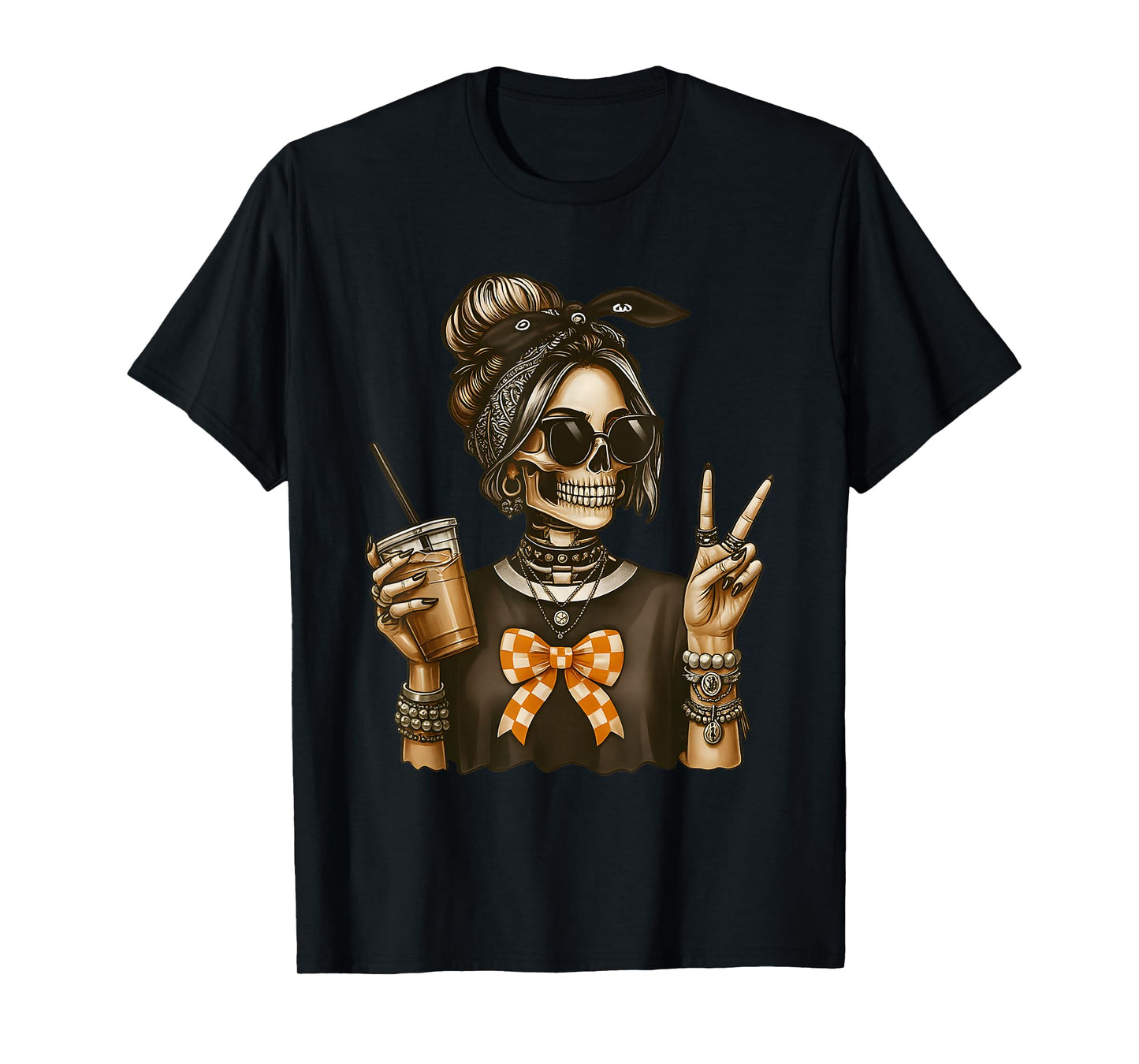 Skeleton Girl Rock Style with Drink and Peace Sign Halloween T-Shirt