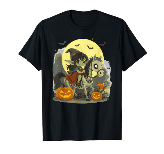 Dark Elf Goblin Troll Girl Riding Horse Skeleton Halloween T-Shirt