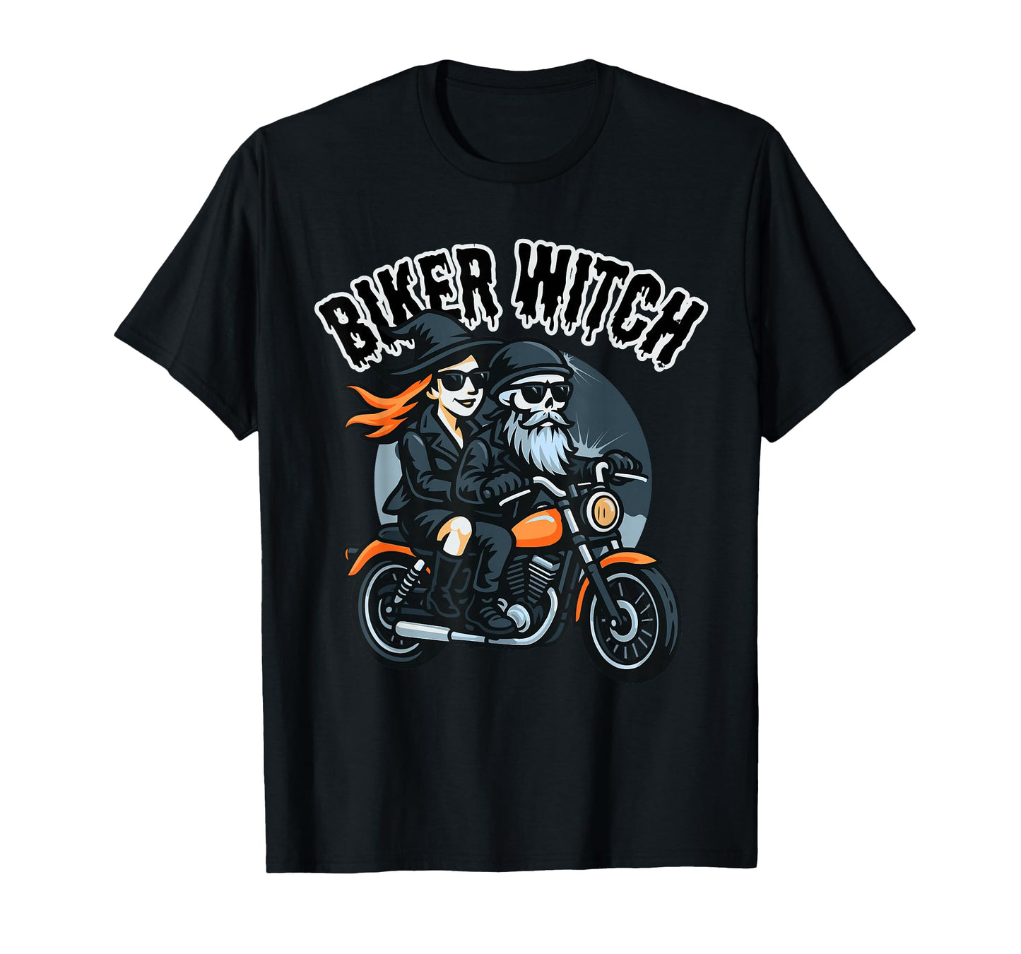 Halloween Funny Biker Witch & Skeleton Riding a Motorcycle T-Shirt