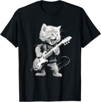 Rock Cat Playing Guitar Funny Guitar Cat Design Mens Womens T-Shirt