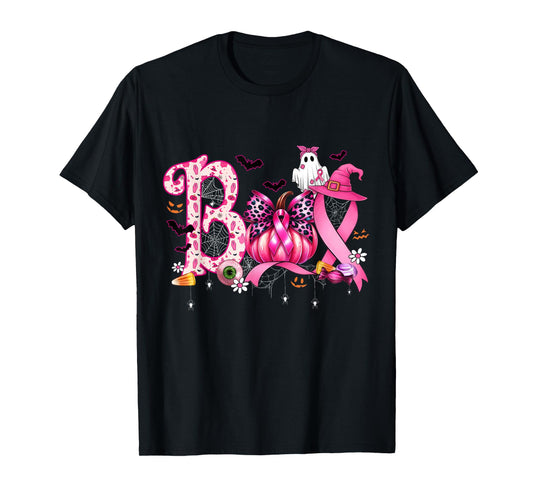 Boo Halloween Pumpkin Pink Ribbon Witch Breast Cancer T-Shirt