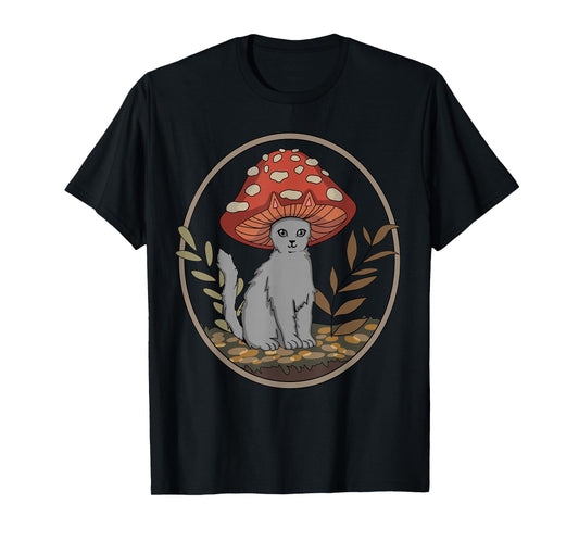 Cottagecore Aesthetic Cat with Mushroom Hat T-Shirt