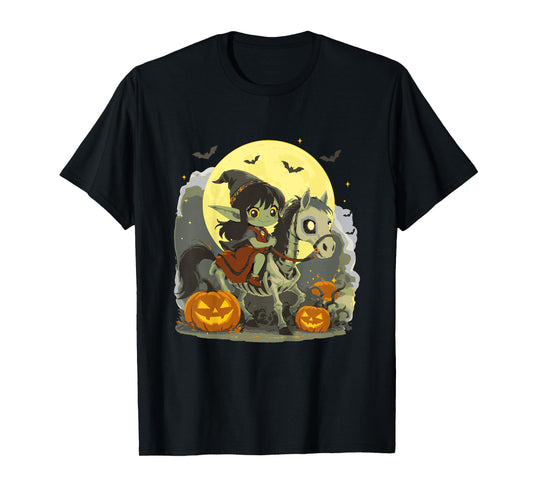Dark Elf Goblin Troll Girl Riding Horse Skeleton Halloween T-Shirt