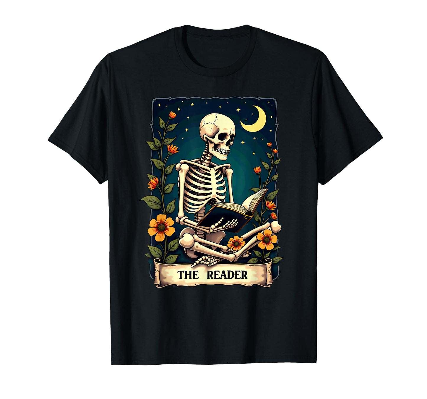 Floral Tarot Card The Reader Skeleton Bookworm Librarian T-Shirt