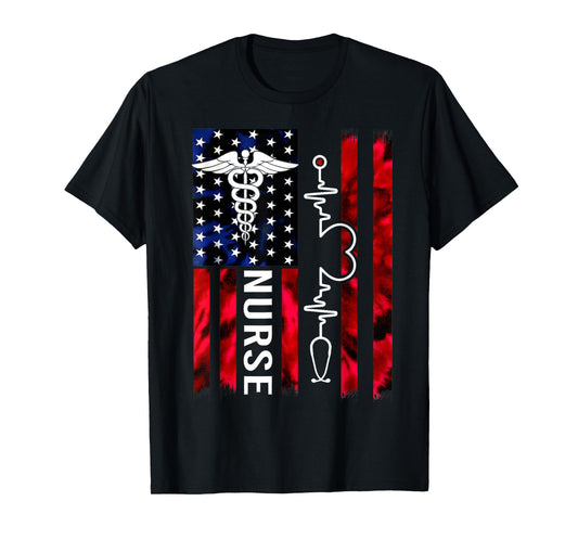 Cute Nurse USA Flag Stethoscope Heartbeat American Nurse Fun T-Shirt