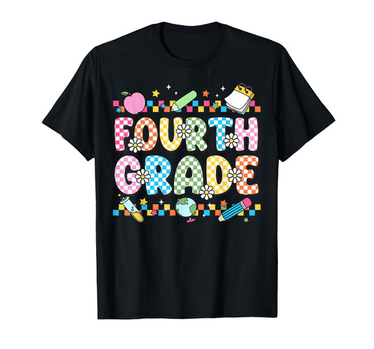 Cute Checkered 4th Grade Vibes Back To School Teachers Kids T-Shirt