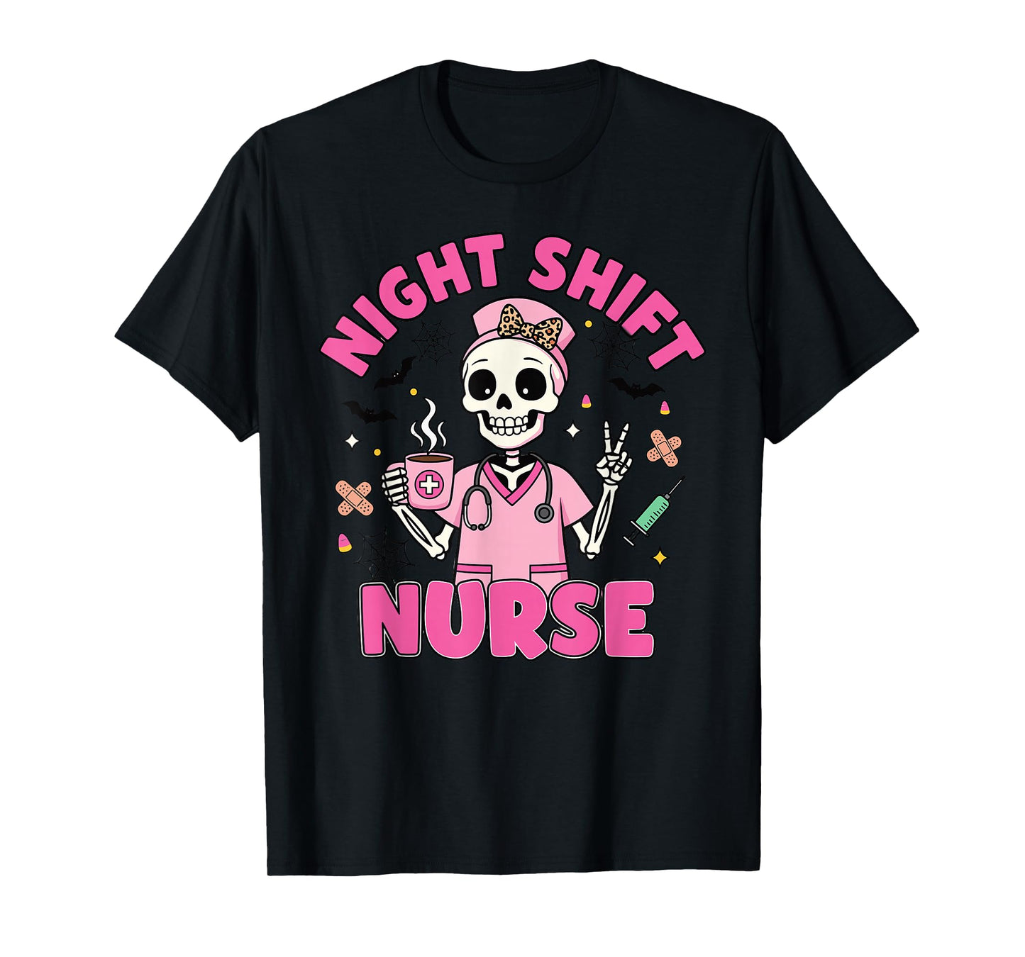 Pink Skeleton Halloween Night Shift Nurse T-Shirt
