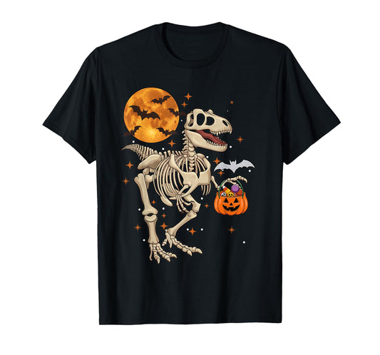 Dinosaur Skeleton T rex Scary Pumpkin Moon Boys Halloween T-Shirt