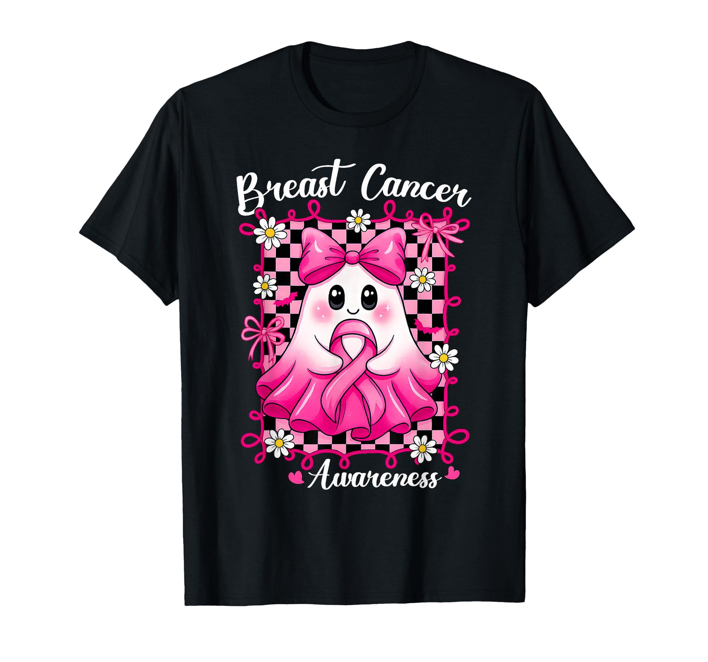 Breast Cancer Pink Ribbon Halloween Ghost Coquette Bow T-Shirt
