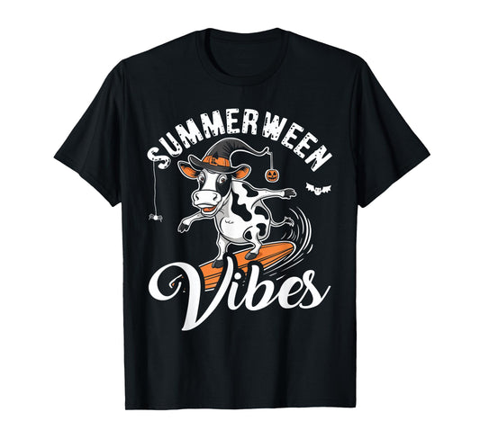 Summerween Vibes Funny Cow Surfing Summer Halloween Vacation T-Shirt