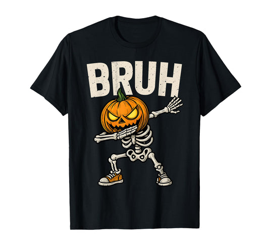 Dabbing Pumpkin Skeleton Bruh Halloween Trick Or Treat Boys T-Shirt