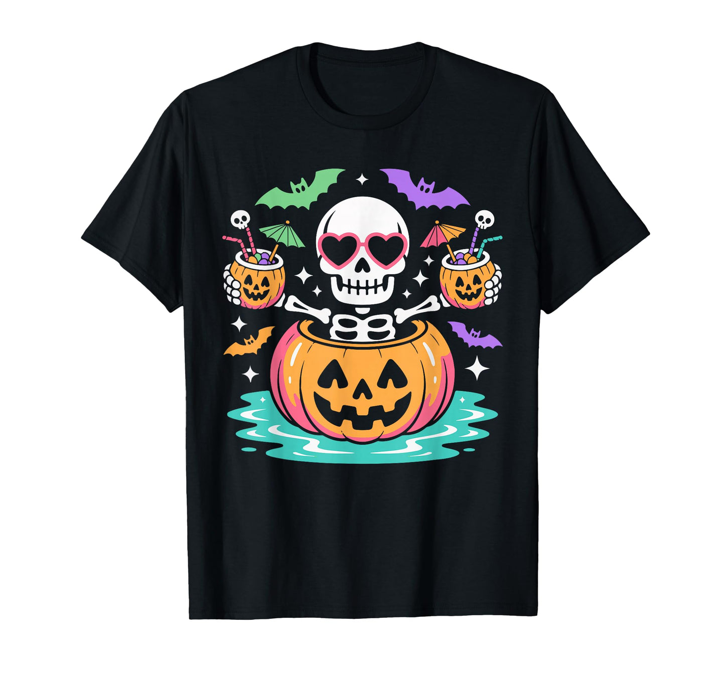 Summer Skeleton on Pumpkin Float Cute Spooky Pool Halloween T-Shirt