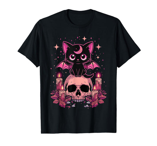 Cute Pink Bat Cat Sitting On Skull Skeleton Candles Design T-Shirt