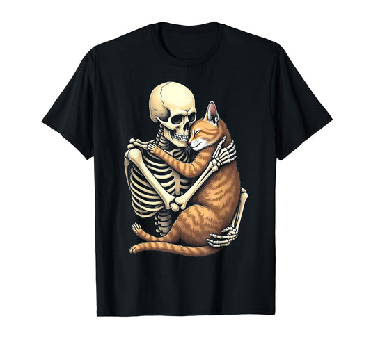 Cute Skeleton Hugging Cat Halloween Cat Lover Mom Dad T-Shirt