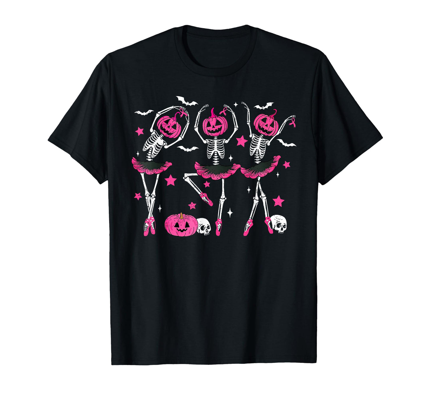Pink Ribbon Pumpkin Skeleton Dancing Breast Cancer Awareness T-Shirt