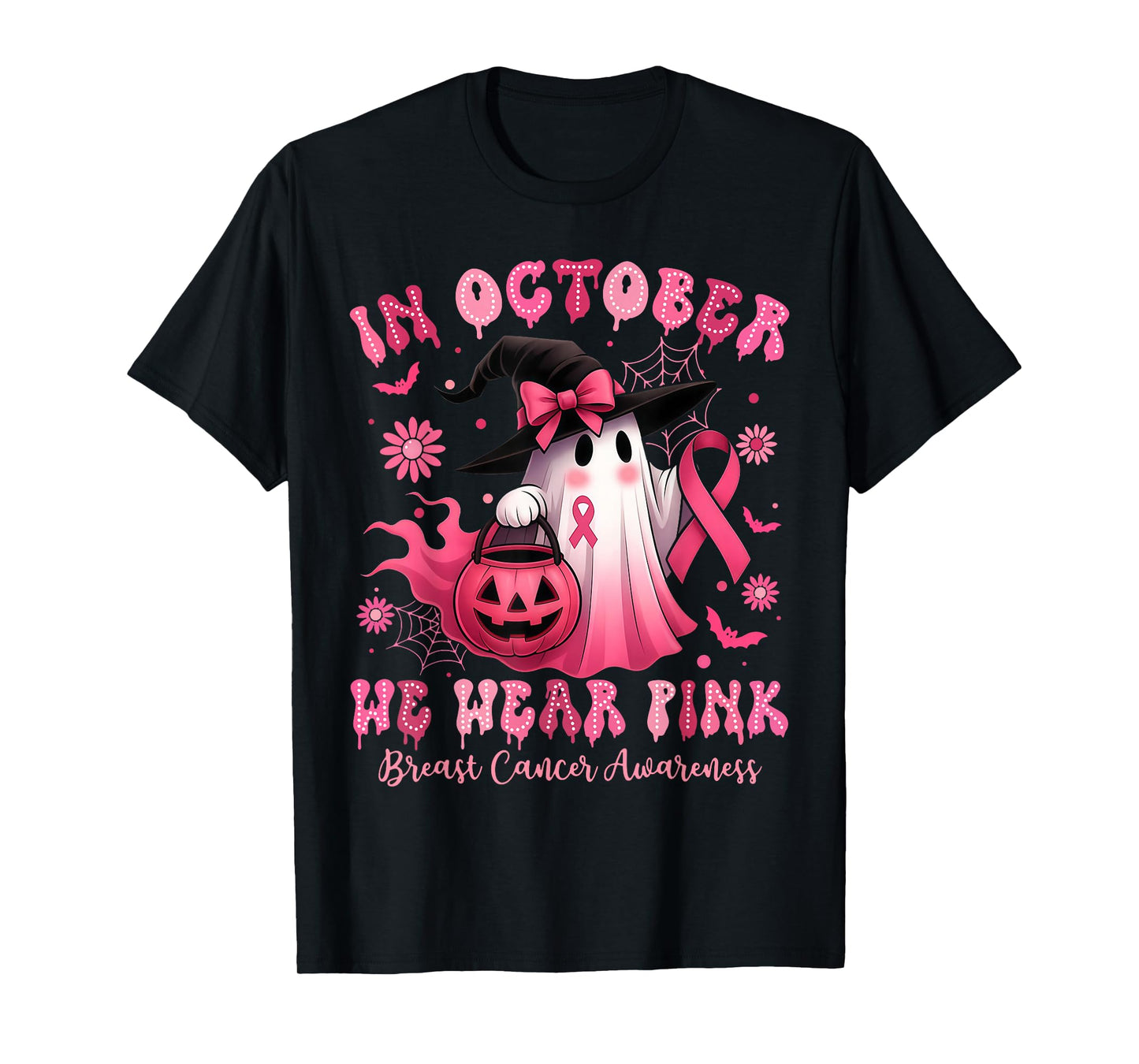 in October We Wear Pink Breast Cancer Awareness Halloween T-Shirt