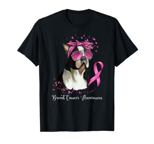 Boston Terrier Dog Lover Pink Ribbon Breast Cancer Awareness T-Shirt