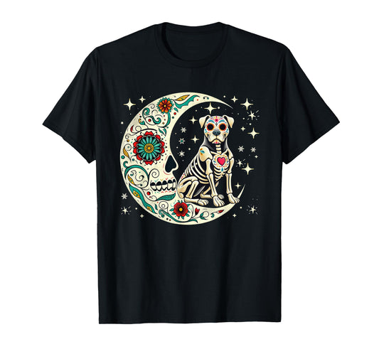Dia De Los Muertos Halloween Moon Floral Skeleton Pit Bull T-Shirt