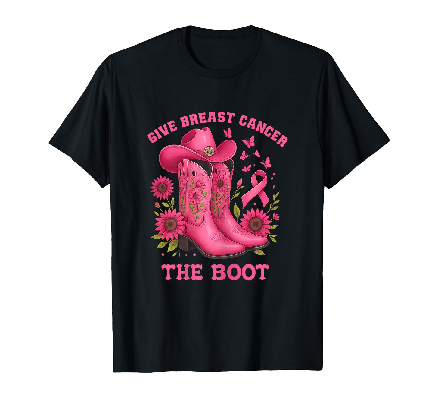 Give Breast Cancer The-Boot Floral Pink Cowboy Theme T-Shirt