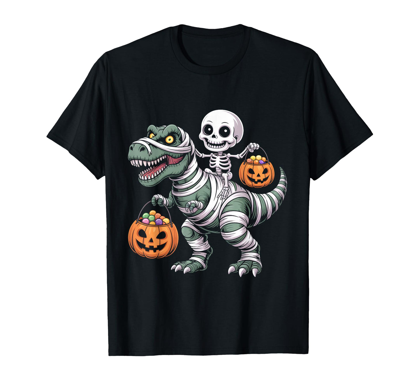 Skeleton Riding Mummy Dinosaur T rex Halloween Funny Pumpkin T-Shirt