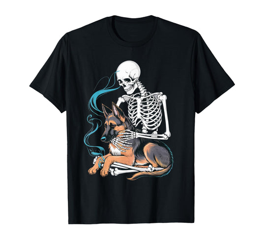 Dog Halloween Skeleton Hugging German Shepherd Women Kids T-Shirt