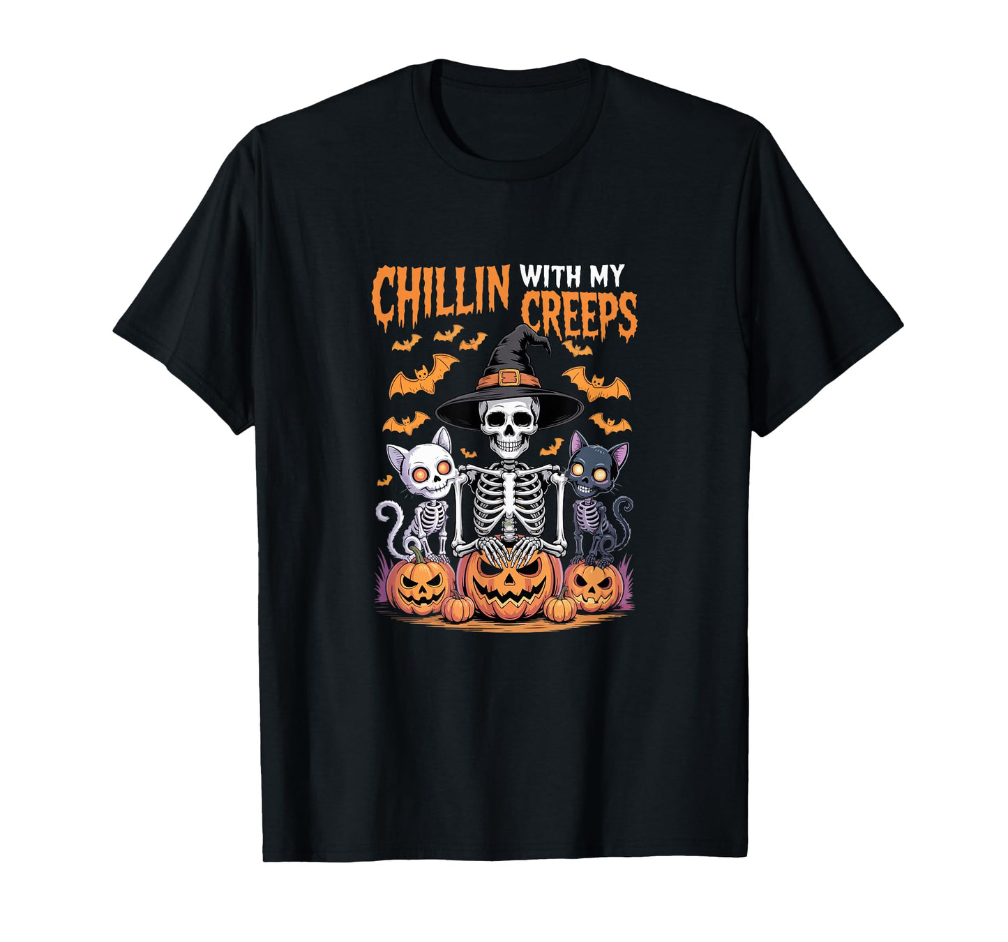 Chillin with My Creeps Halloween Cats Skeleton As Witch T-Shirt