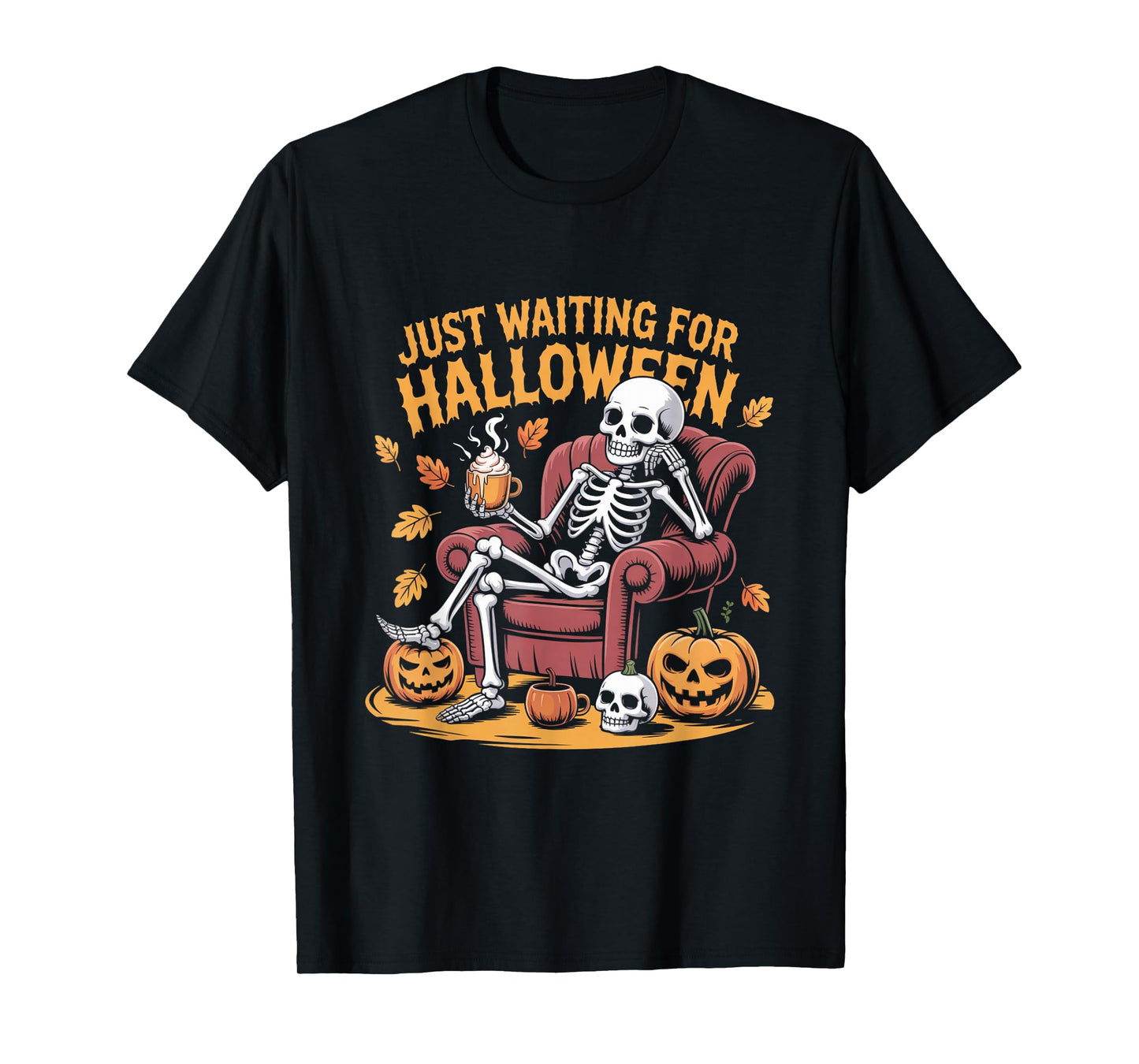 Relaxed Skeleton Sitting Pumpkins Just Waiting Halloween T-Shirt