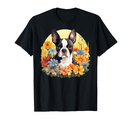 Cute Boston Terrier Spring Flower Garden Colorful Puppy Dog T-Shirt