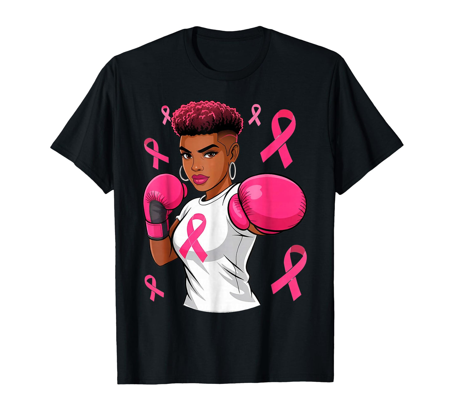 Women Black African American Breast Cancer Afro Pink Ribbon T-Shirt