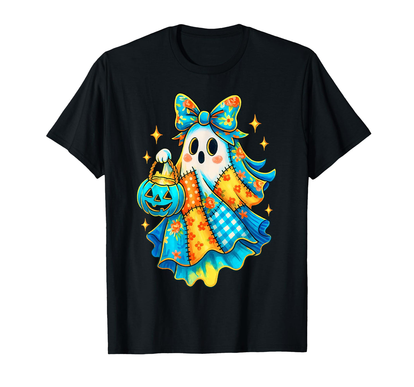 Retro Patchwork Ghost Pumpkin Coquette Bow Halloween Costume T-Shirt