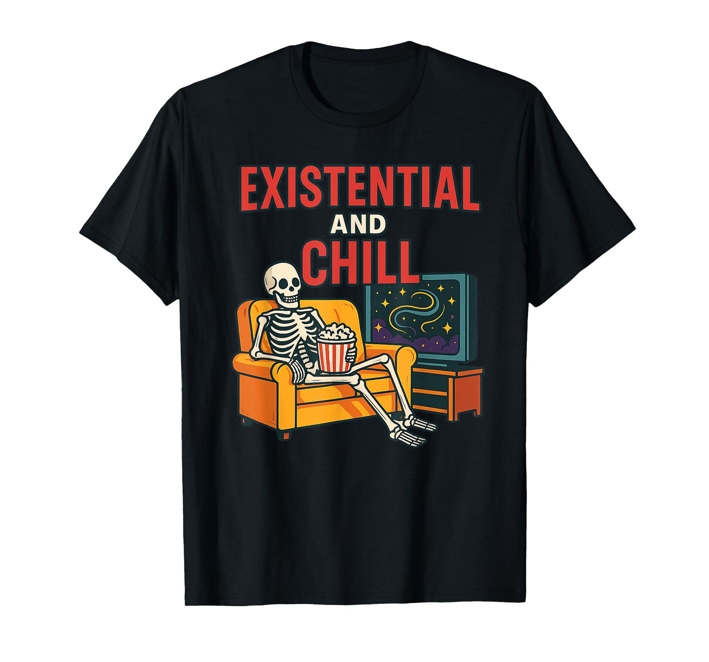 Existential and Chill Skeleton Couch Popcorn Cosmic TV T-Shirt
