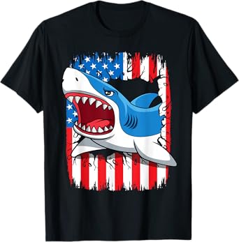 Shark 4th Of July Kids USA American Flag Boys Jawsome T-Shirt