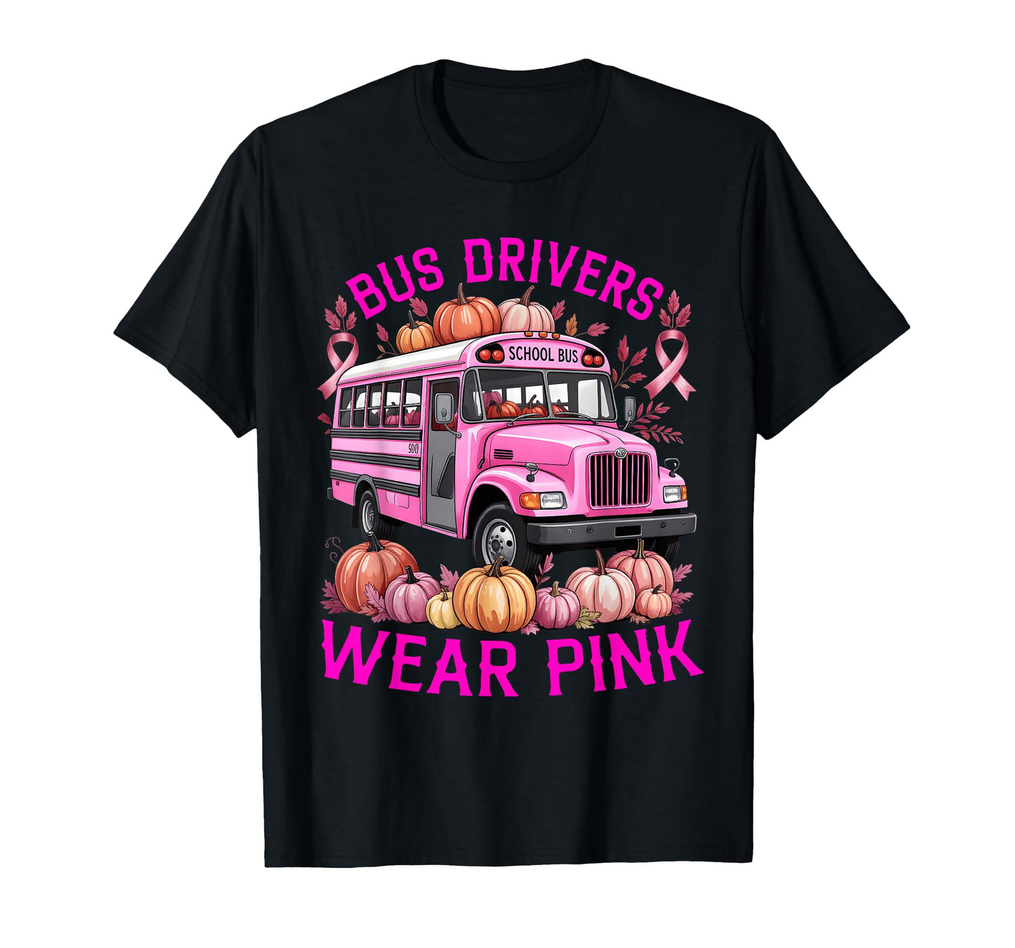 School Bus Driver Pink Ribbon Breast Cancer in October T-Shirt