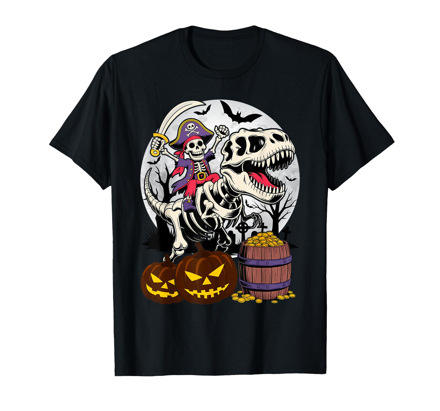 Skeleton Pirate Riding T-Rex Halloween Costume Dinosaur Boys T-Shirt