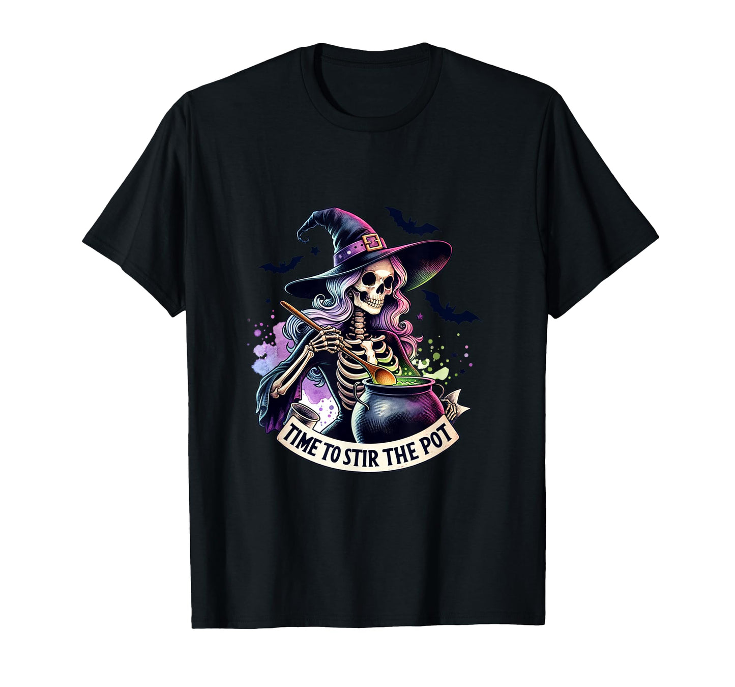 Time to Stir The Pot Skeleton Woman Witch Halloween Pin-Up T-Shirt