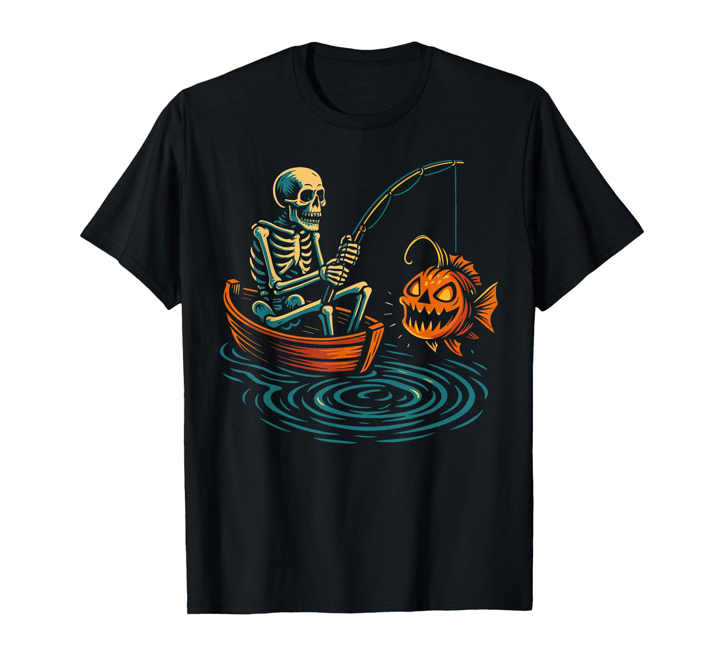 Skeleton Fishing Halloween Pumpkin Spooky Halloween T-Shirt