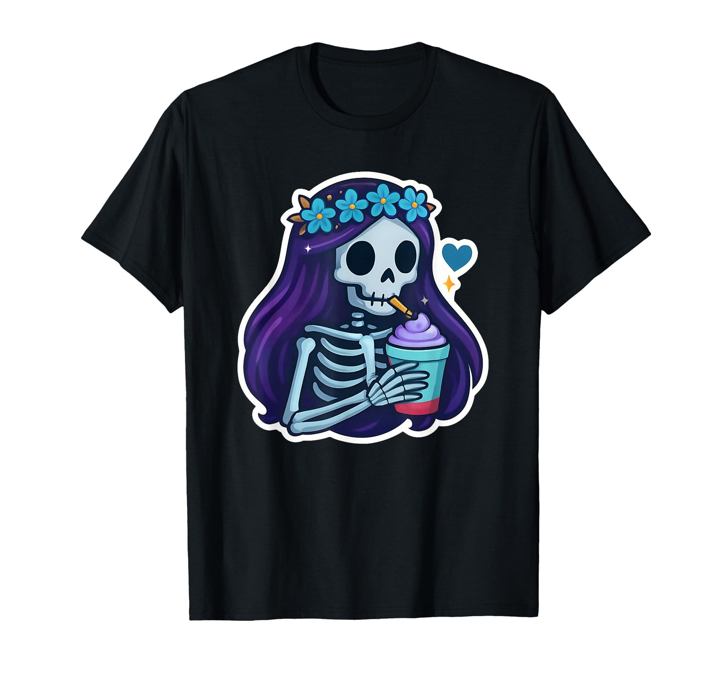 Skeleton Girl Drinking Coffee Peace Sign Graphic for Women T-Shirt