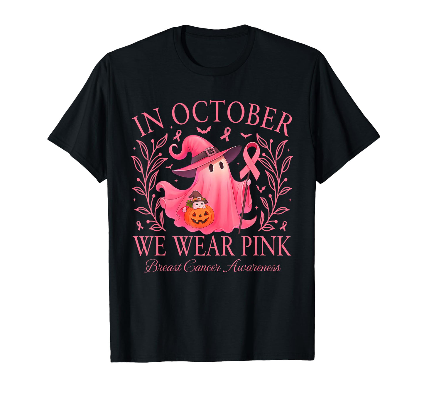 in October We Wear Pink Witch Breast Cancer Women Halloween T-Shirt