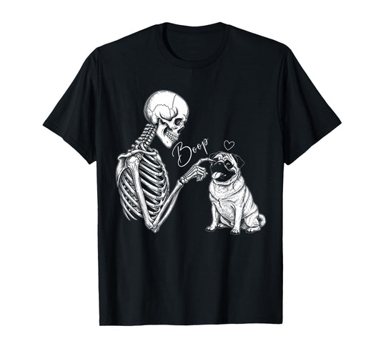 Cute Pug Spooky Boop Skeleton Hand Touch Nose Pug Halloween T-Shirt
