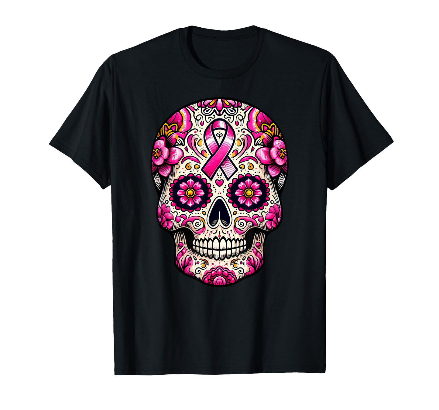 Sugar Skull Pink Ribbon Calavera Breast Cancer Awareness T-Shirt