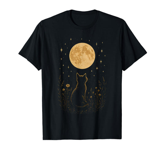 Cottagecore Cat Wildflower Meadow Moon Twinkling Stars T-Shirt